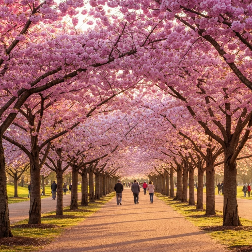 Beautiful cherry blossom trees lining a park pathway with pink canopy overhead in spring