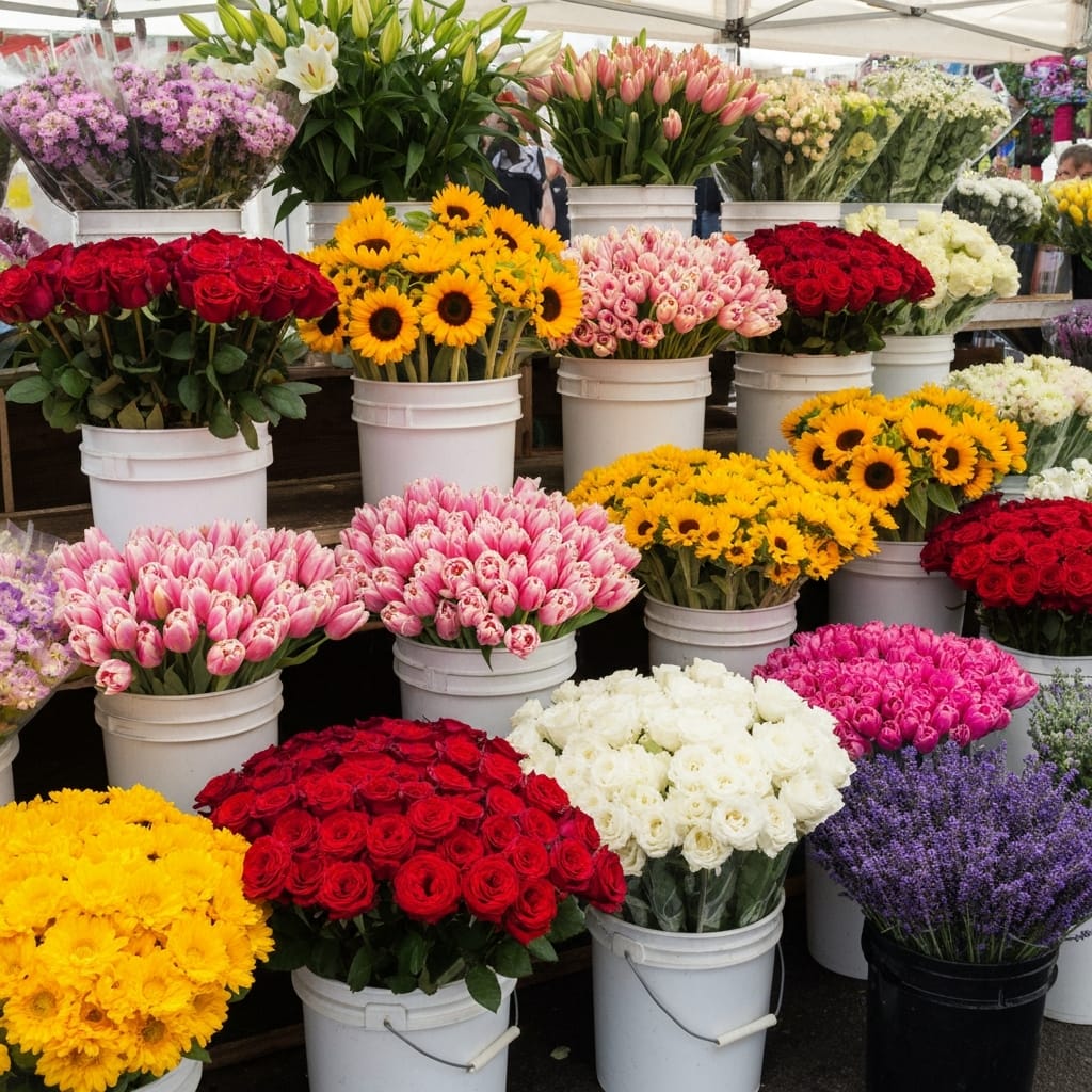 A vibrant, sun-drenched summer bridal bouquet featuring deep orange dahlias, bright blue cornflowers, and wild greenery, outdoor meadow setting, high-contrast sunlight