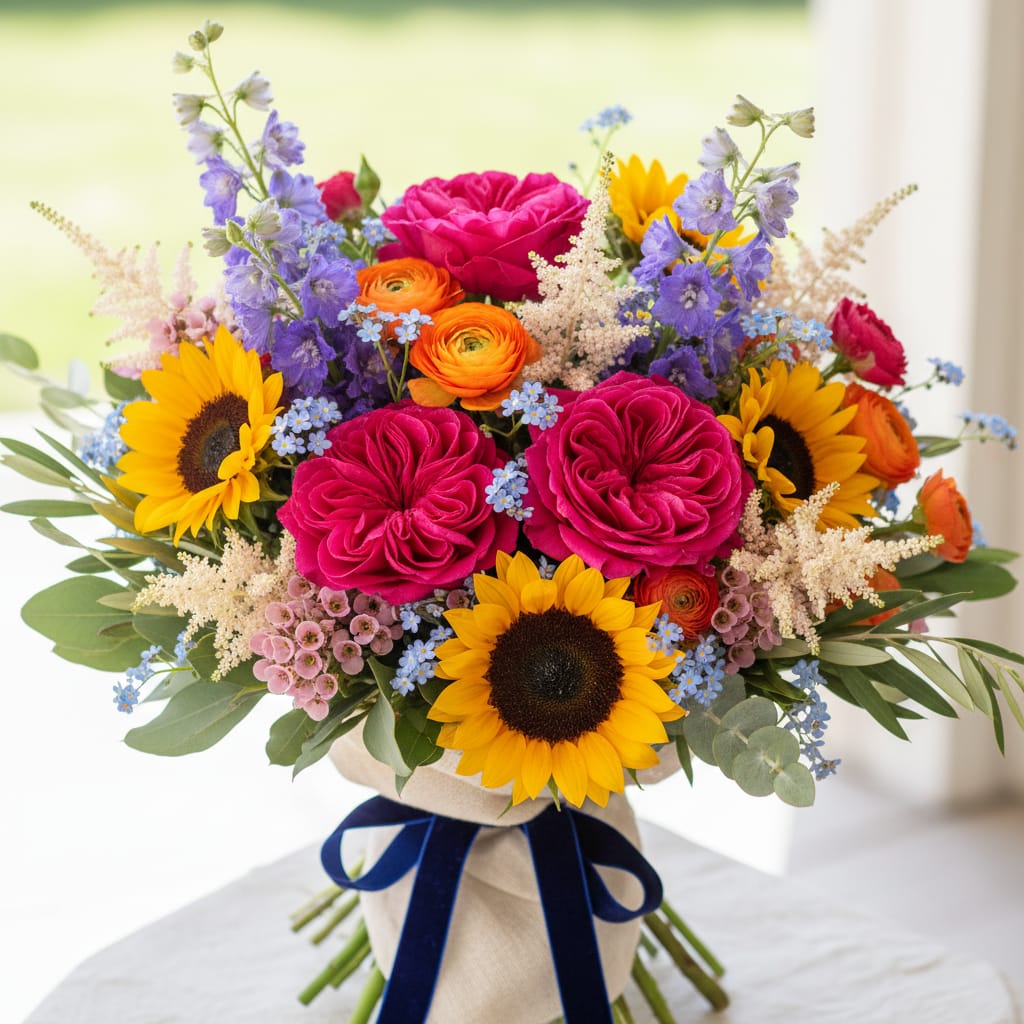Close-up of a colourful gifting bouquet showing the mix of focal and secondary flowers in a professional arrangement