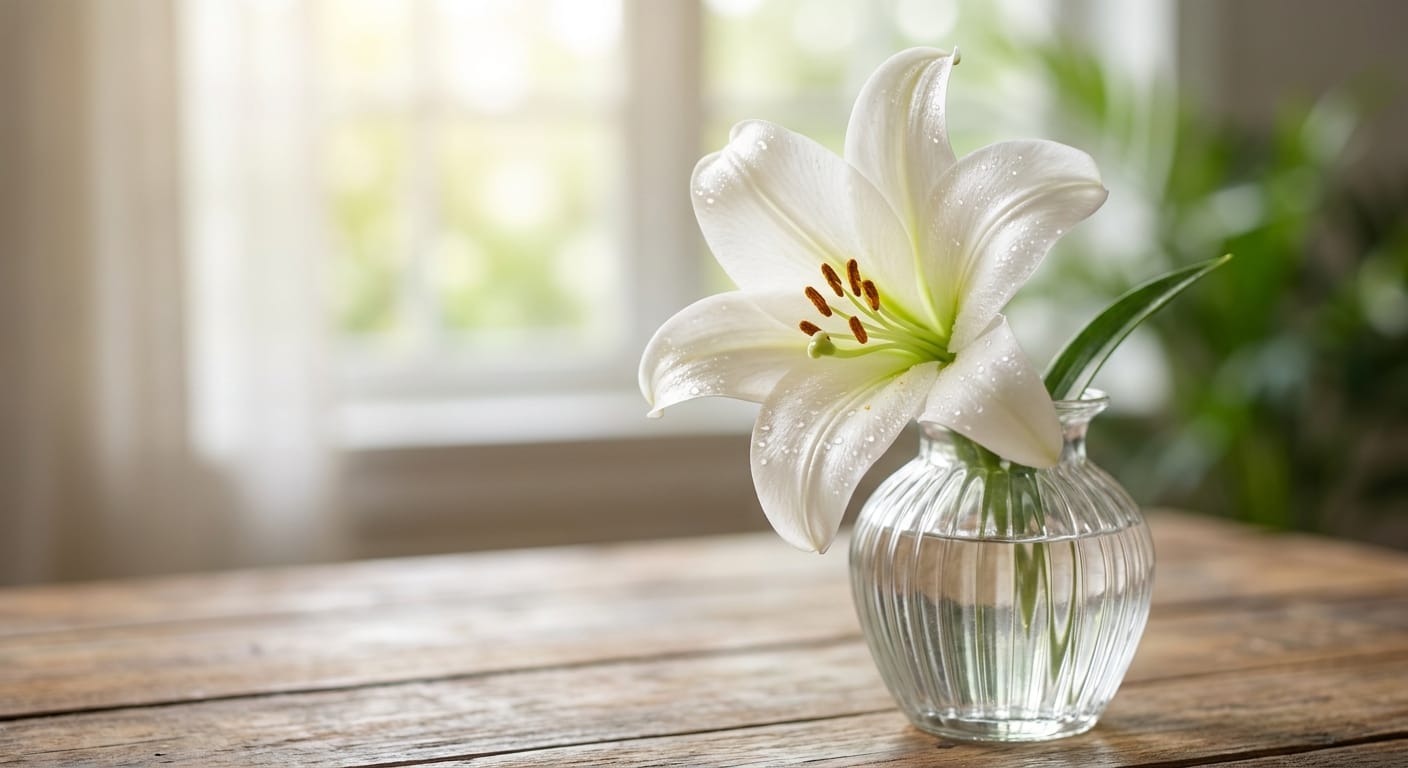 A stunning, high-resolution close-up of a pristine white Easter lily in full bloom, soft morning sunlight filtering through the petals, elegant glass vase on a wooden table, cinematic lighting, professional floral photography