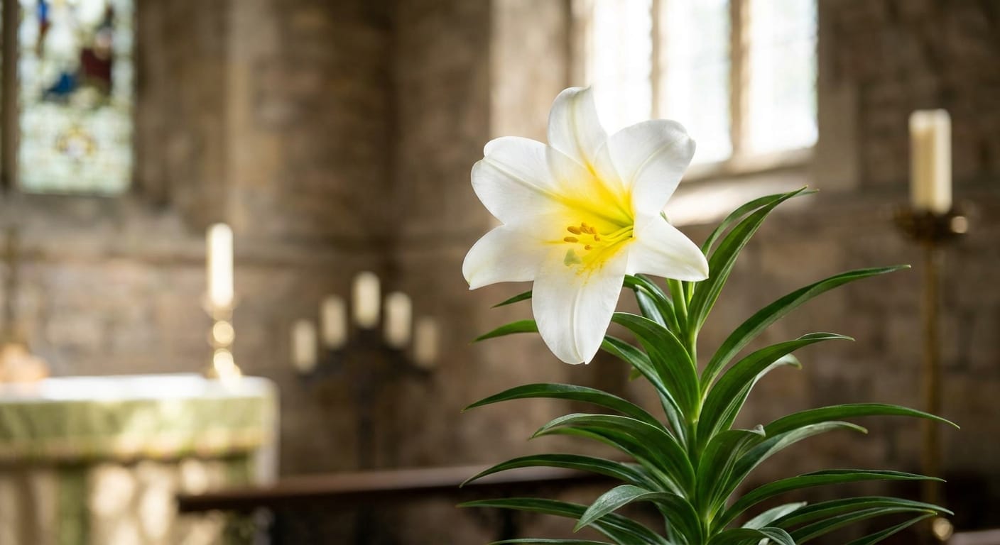 A majestic, trumpet-shaped Easter lily standing tall with deep green foliage, crisp white petals, bright yellow center, soft focus background, religious holiday atmosphere