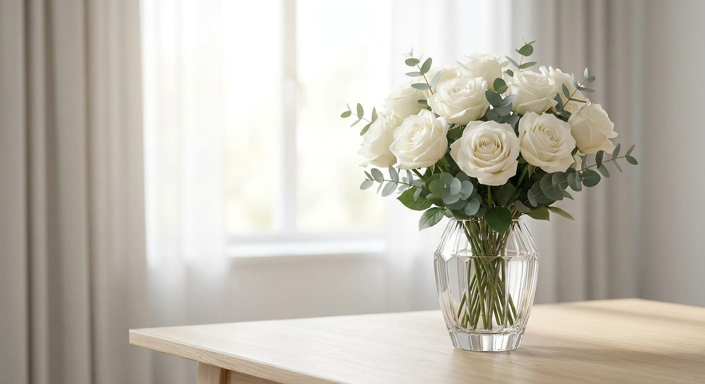 A bouquet of pristine white roses in a clear crystal vase, soft morning light hitting the velvet petals, elegant and peaceful, studio lighting, high-end floral arrangement