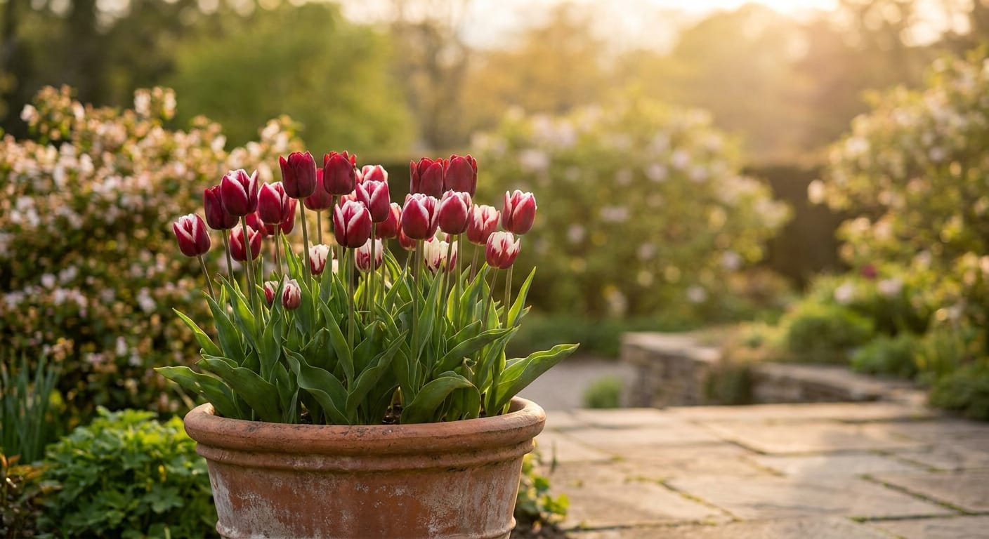 A vibrant collection of deep red and white tulips in a rustic terracotta pot, spring garden setting, golden hour light, shallow depth of field, natural and airy