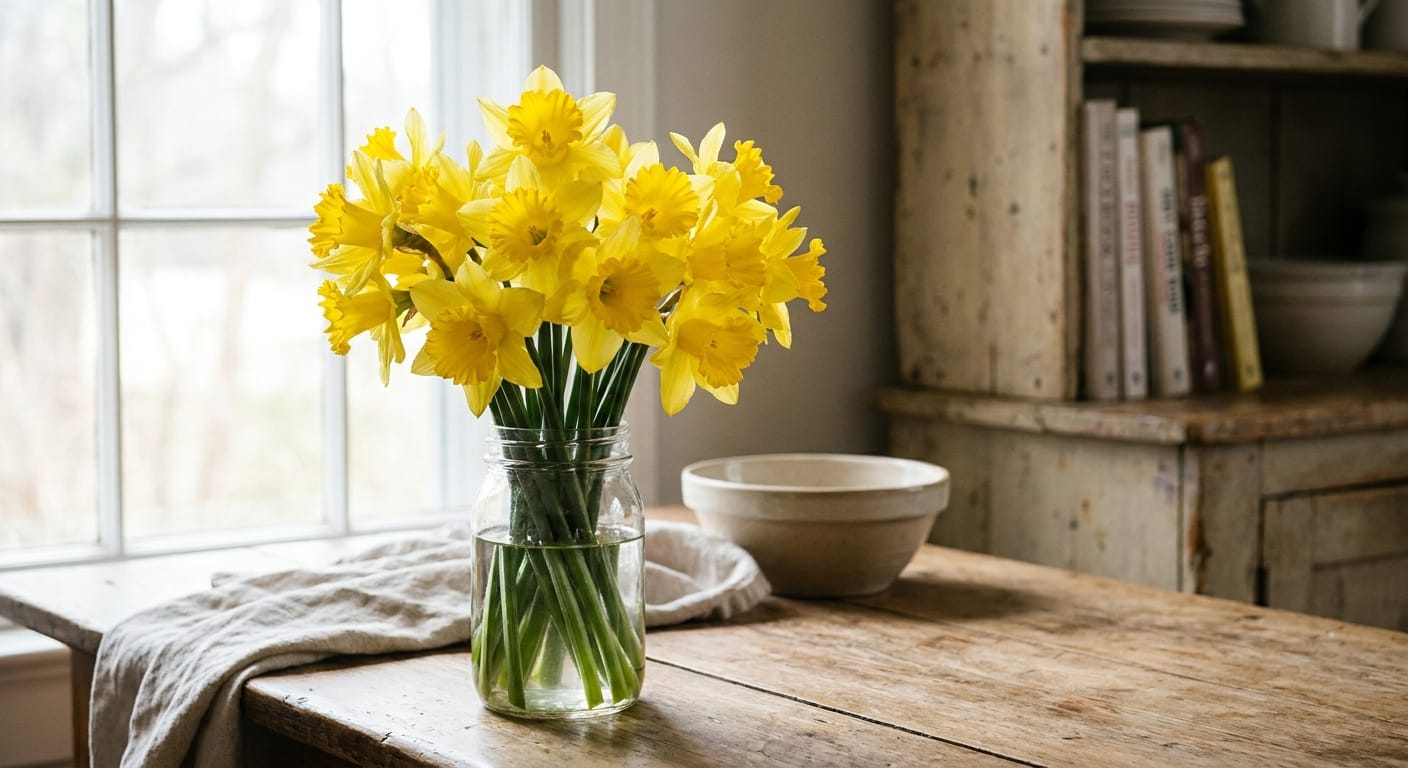 A bright, cheerful bunch of yellow daffodils in a simple glass jar, soft natural window light, rustic kitchen setting, vibrant and joyful, close-up shot