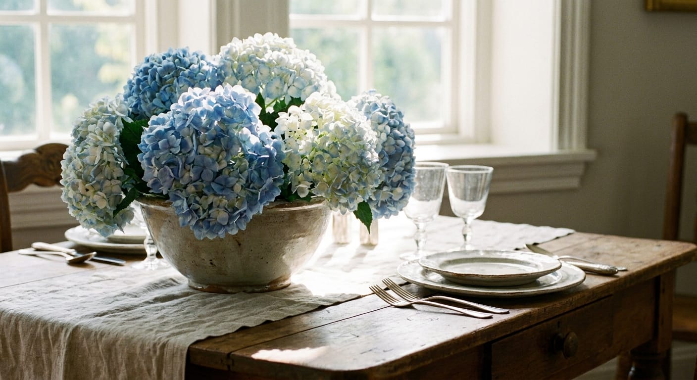 Large, fluffy blue and white hydrangea heads in a ceramic bowl, soft morning light, elegant table setting, rich texture, professional floral design
