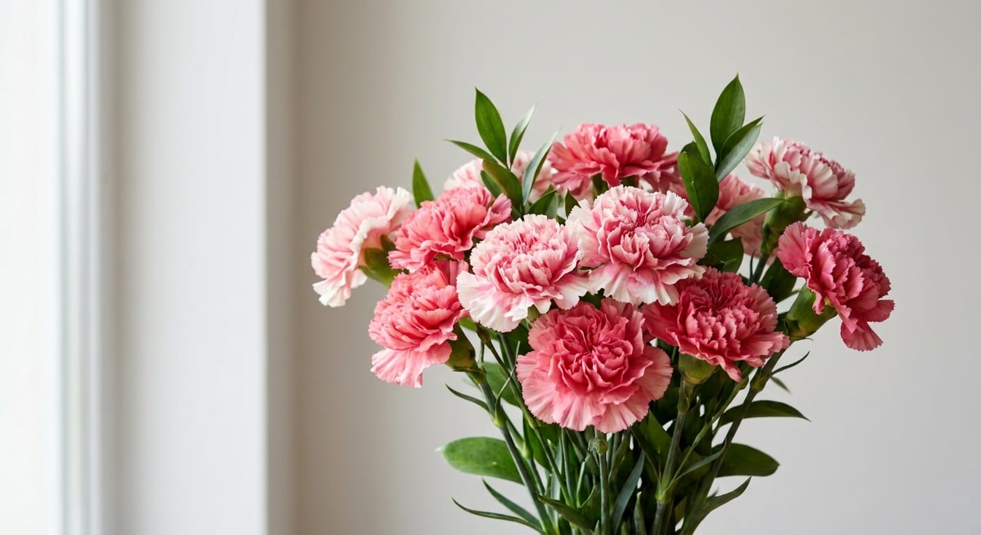 Delicate pink and white carnations arranged in a classic bouquet, soft morning light, clean background, high contrast, studio photography