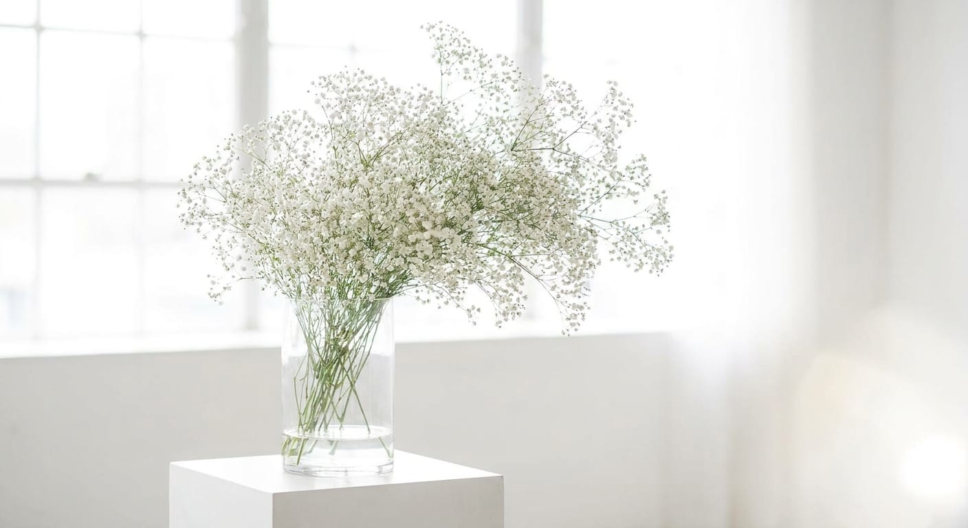 A delicate, ethereal cloud of white baby’s breath in a simple vase, soft focus, dreamlike lighting, minimalist and pure aesthetic, high-key photography