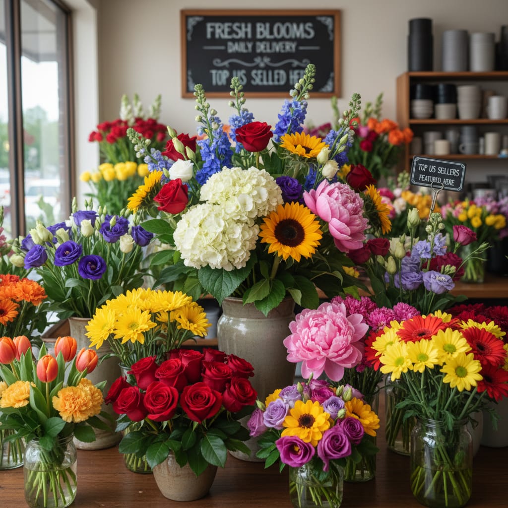 Popular flower varieties including top US sellers arranged in a professional display at a verified local florist