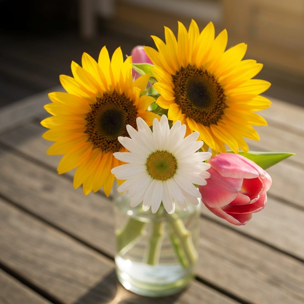 Sunflower, daisy, and tulip three of the most common and beloved flowers in the United States, available at any florist