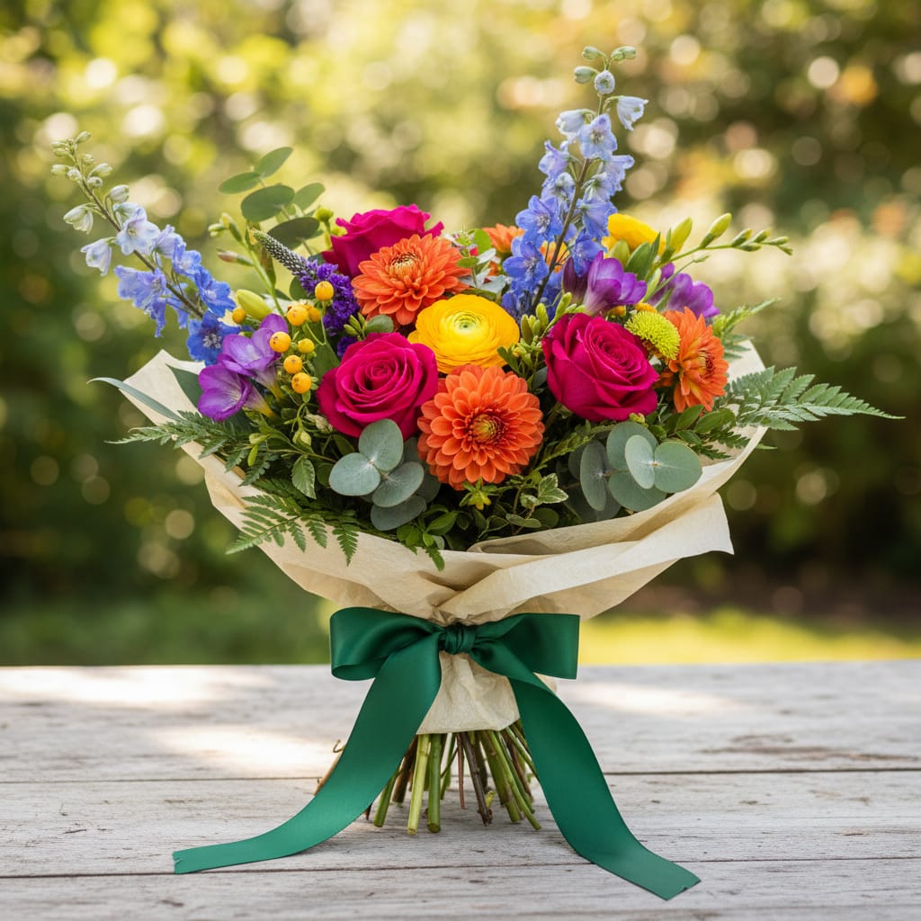 Beautiful colourful flower bouquet wrapped for gifting with ribbon and greenery
