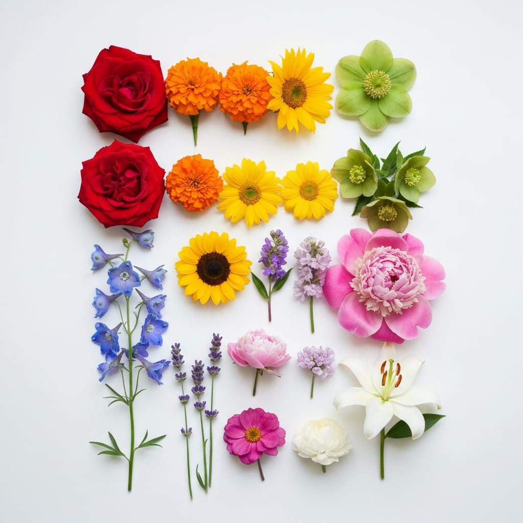 Flowers organized by colour in a spectrum arrangement a visual guide to understanding what each flower colour means