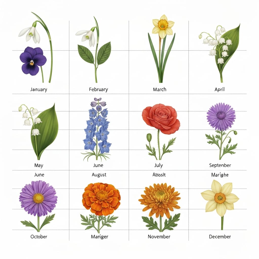 All twelve birth month flowers displayed in a grid from January's snowdrop to December's narcissus, each bloom carries centuries of symbolic meaning