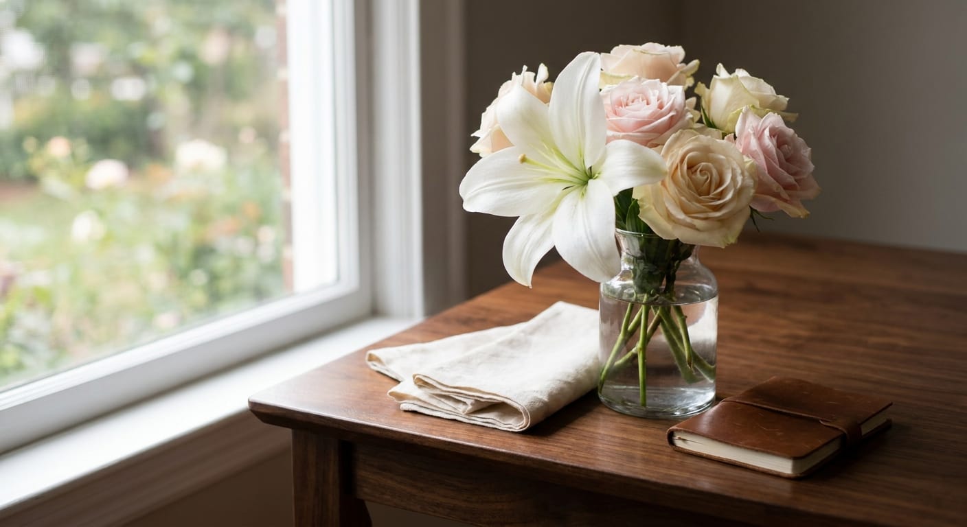 Cinematic close-up of a white lily and soft-toned sympathy roses on a polished dark wood surface, soft ambient window light, elegant and respectful atmosphere