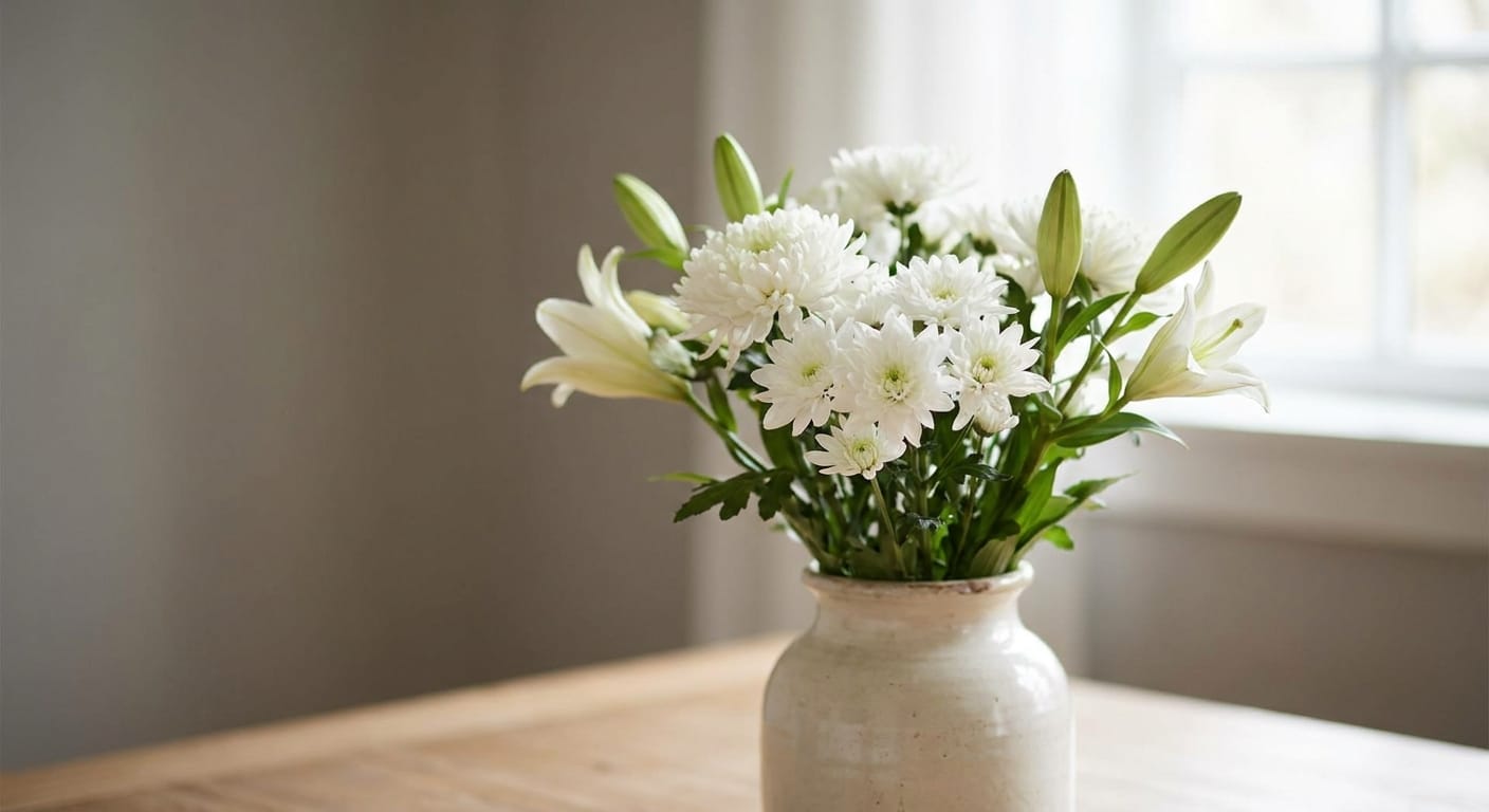 Soft-focus arrangement of white chrysanthemums and lilies in a ceramic vase, neutral background, serene lighting, professional florist photography