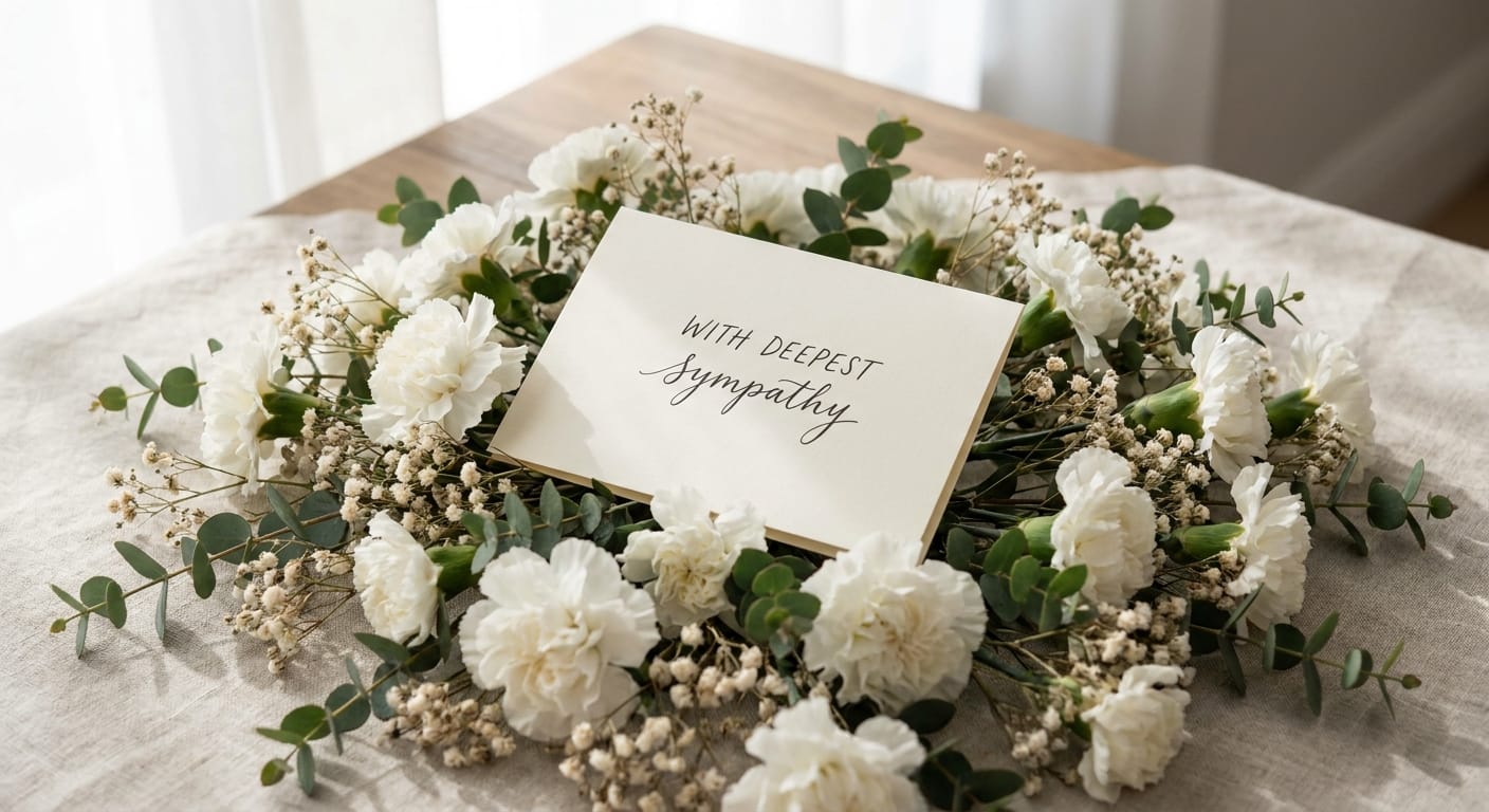 High-angle flat lay of a sympathy card tucked into a bed of white carnations and eucalyptus, soft morning light, clean and respectful aesthetic