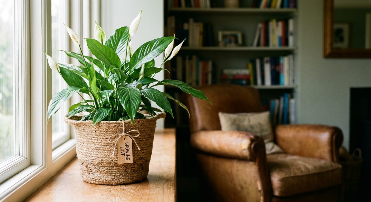 A close-up of a potted peace lily in a simple basket, soft indoor lighting, showing the longevity and comfort of a living plant gift