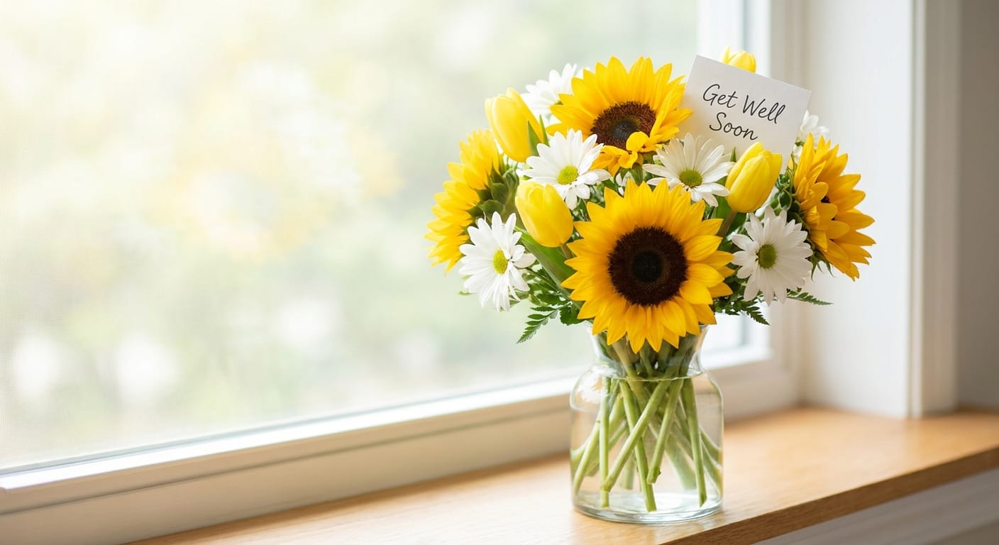 A vibrant and cheerful get well soon floral arrangement featuring sunflowers, yellow tulips, and white daisies in a glass vase, soft natural window light, high resolution, professional photography