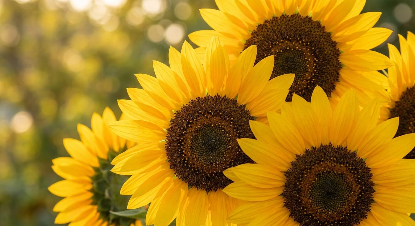 Close-up of bright yellow sunflowers with dark brown centers, soft bokeh background, warm sunlight, vibrant and uplifting, professional floral photography
