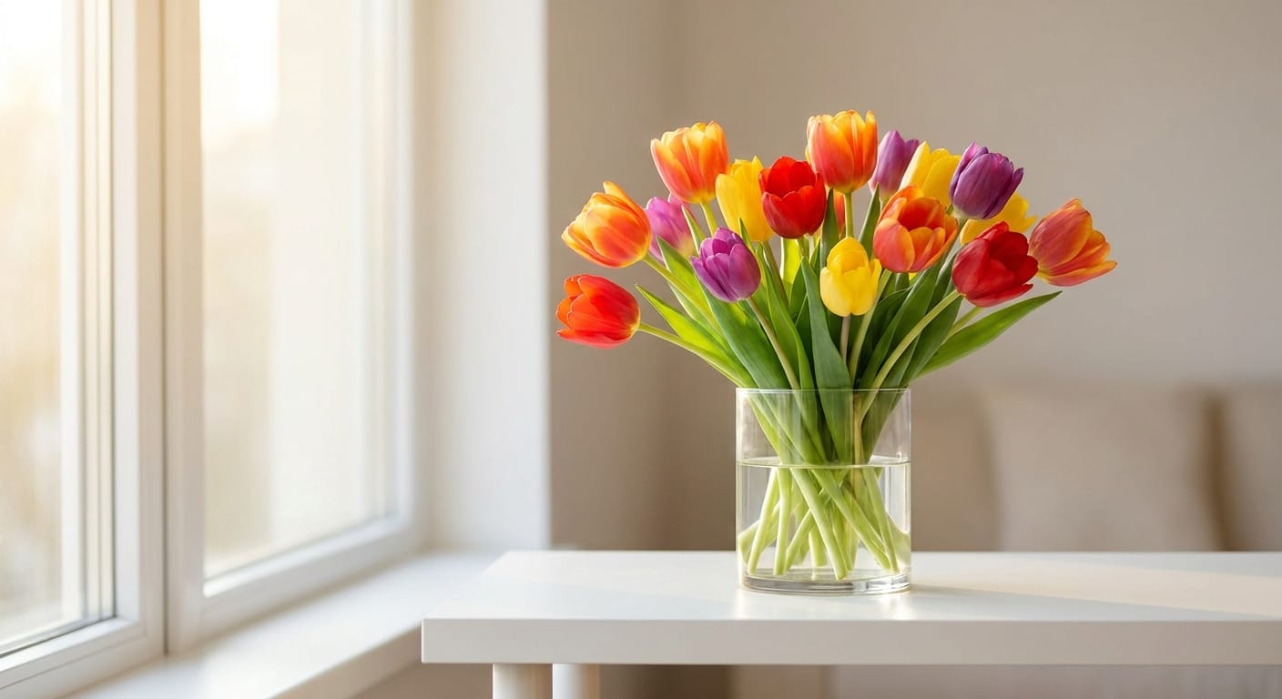 A bouquet of fresh, colorful tulips in a clear glass vase, soft morning light hitting the petals, crisp and clean aesthetic, editorial style