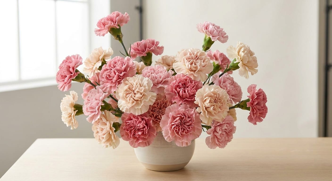 A lush arrangement of ruffled pink and white carnations, soft studio lighting, high-detail texture, clean and classic look