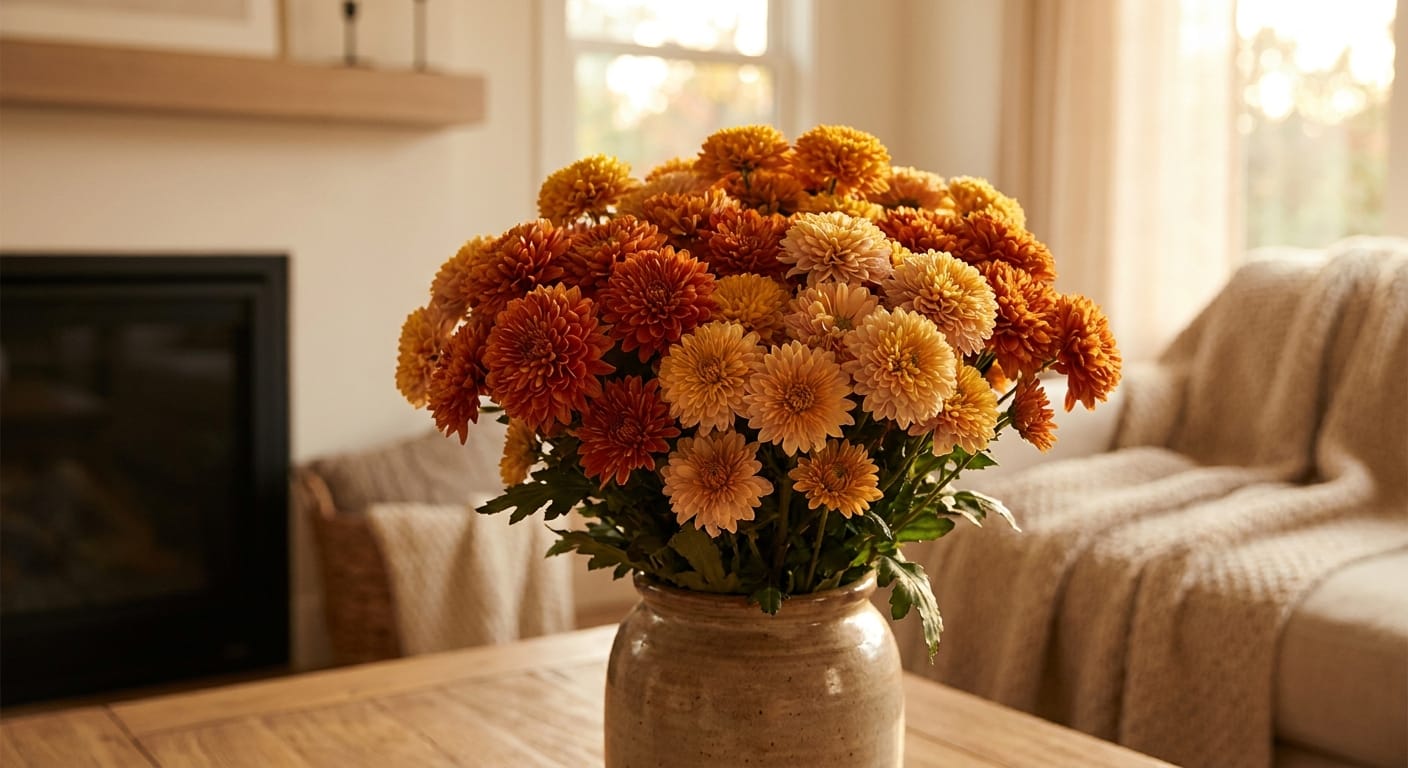 A vibrant cluster of pom-pom style chrysanthemums in shades of orange and yellow, soft focus background, warm and cozy lighting