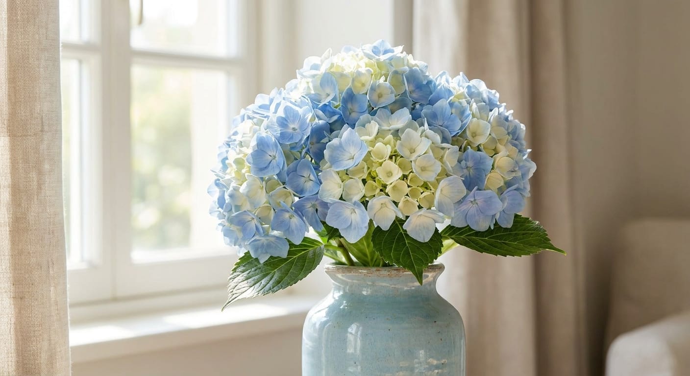 A large, fluffy blue and white hydrangea bloom in a ceramic vase, soft window light, serene and calming atmosphere, professional macro shot