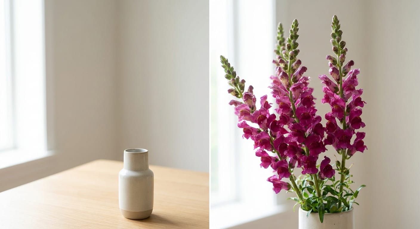 Tall, vertical stems of vibrant pink and purple snapdragons, sharp focus on the florets, soft natural lighting, elegant and structural arrangement