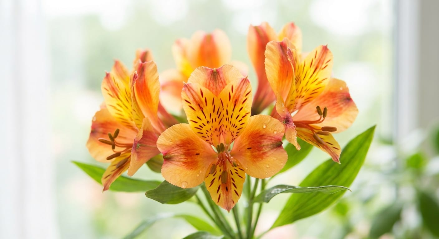 Close-up of delicate, spotted alstroemeria petals in vibrant orange and yellow, soft daylight, fresh and airy feel