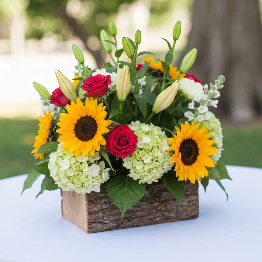 Fresh seasonal wedding flowers arranged in a rustic wooden centerpiece