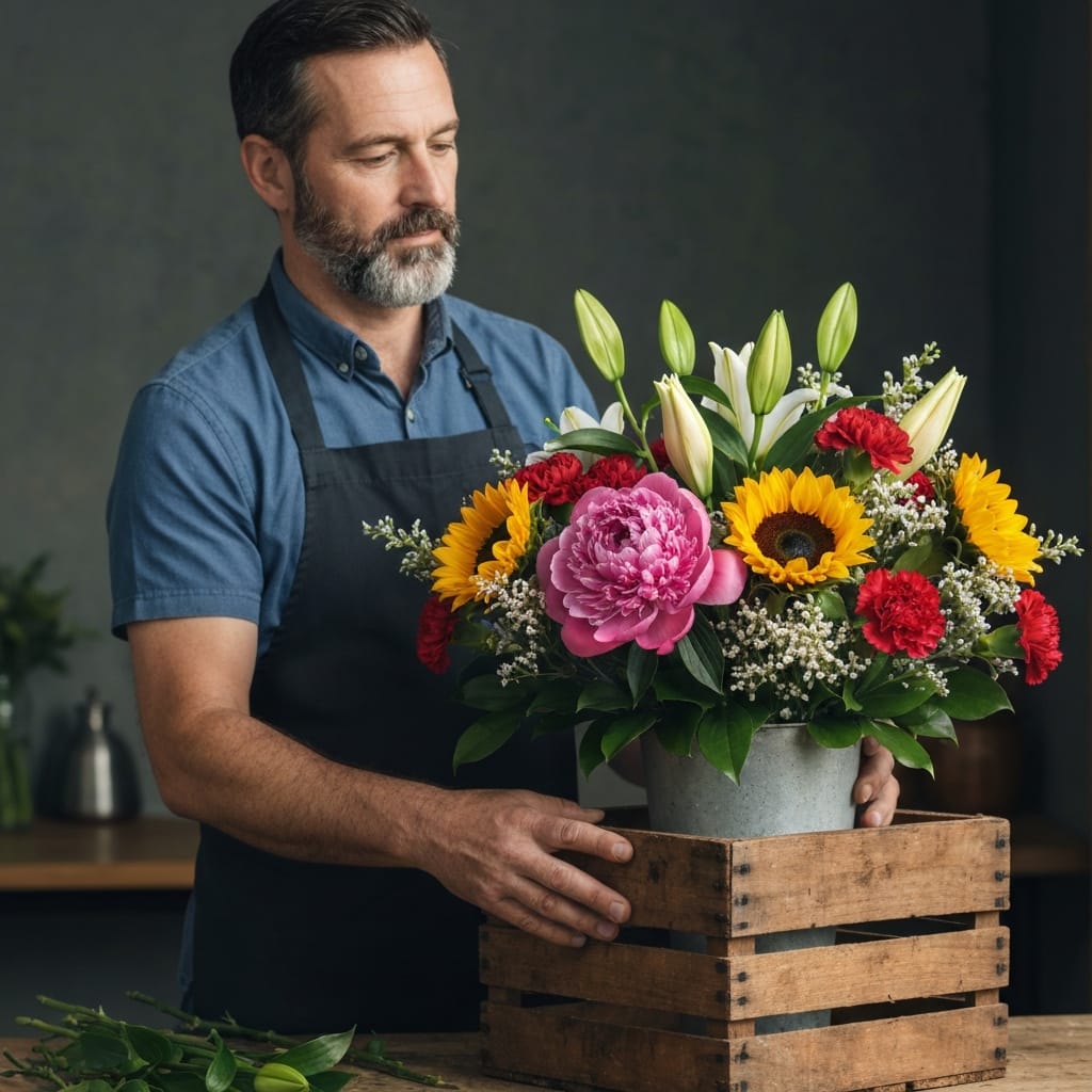 A professional florist arranging a large-head flower bouquet