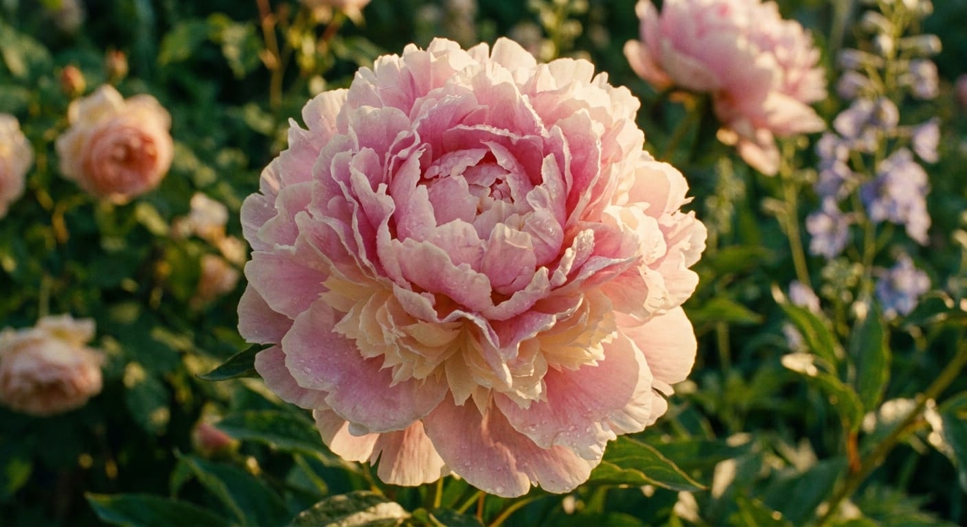 A vibrant, close-up shot of a lush, fully-bloomed Sarah Bernhardt peony in a sun-drenched cottage garden, soft focus on green foliage, cinematic lighting, high-resolution