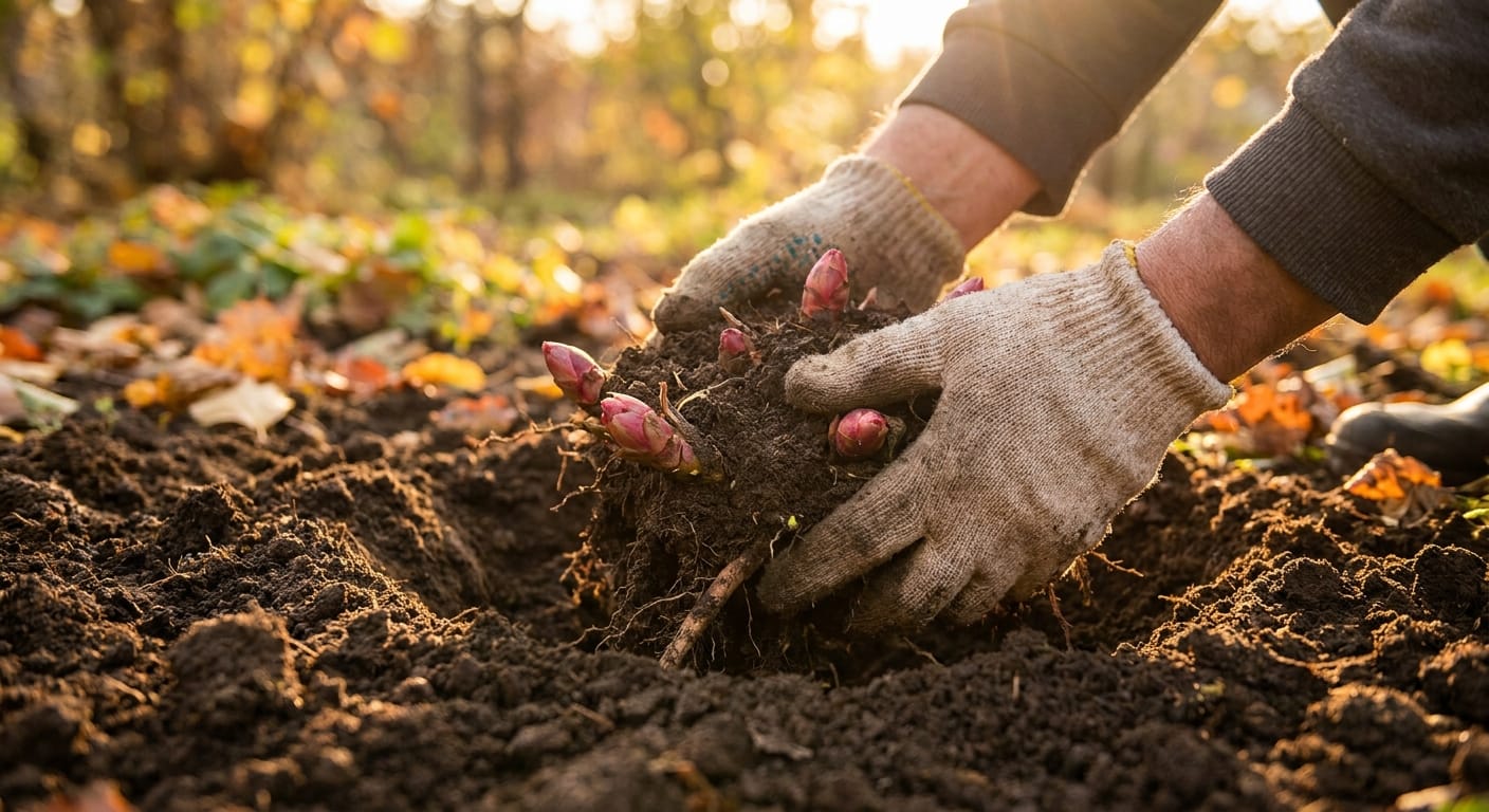 A gardener's hands gently placing a peony root with visible pink 'eyes' into a prepared planting hole in rich, dark soil, autumn garden setting, warm golden hour light