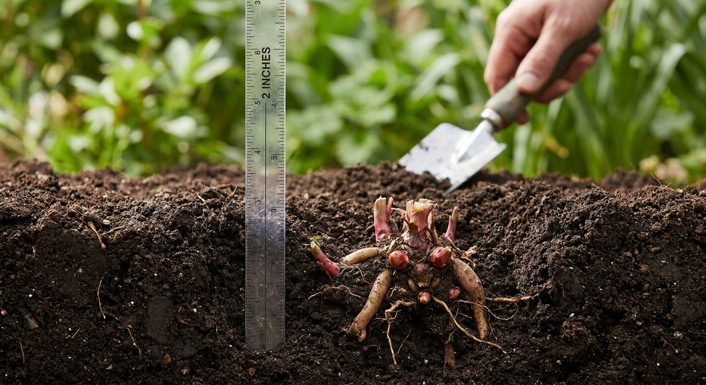 A side-view diagrammatic shot showing a peony root planted with the 'eyes' exactly two inches below the soil surface, depth gauge nearby, garden trowel in background