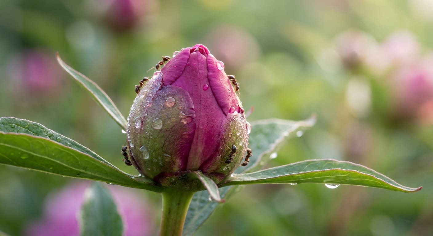 Close-up macro shot of tiny ants crawling over a sticky, unopened peony bud, morning dew drops, soft natural lighting, high detail