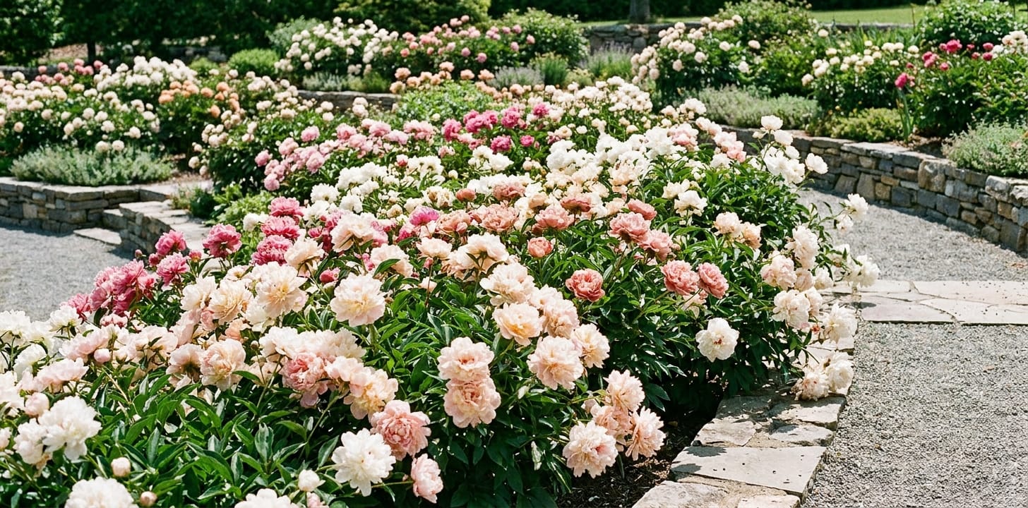 A lush, overflowing peony garden bed in full bloom with various pink and white shades, wide-angle shot, professional garden landscaping, bright daylight