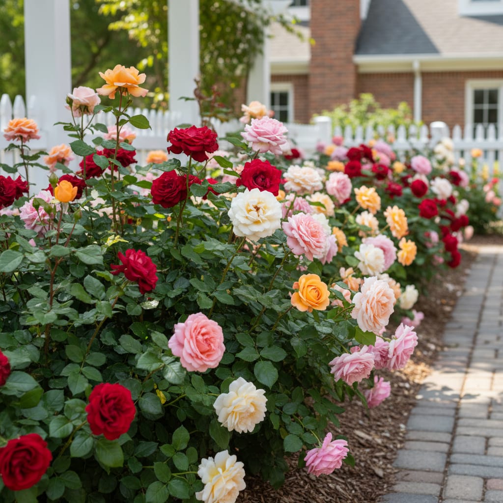 Rose bushes growing in a well-maintained home garden bed showing healthy foliage and blooms (relevant to: How to Grow Roses at Home: A Complete Beginner's G)