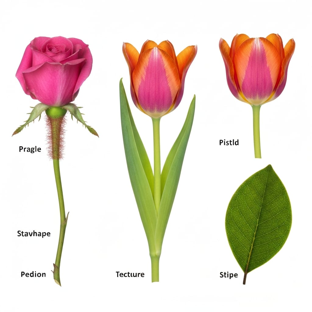 Close-up botanical study of flower identification features petal shape, stamen, pistil, and leaf form across three flower specimens