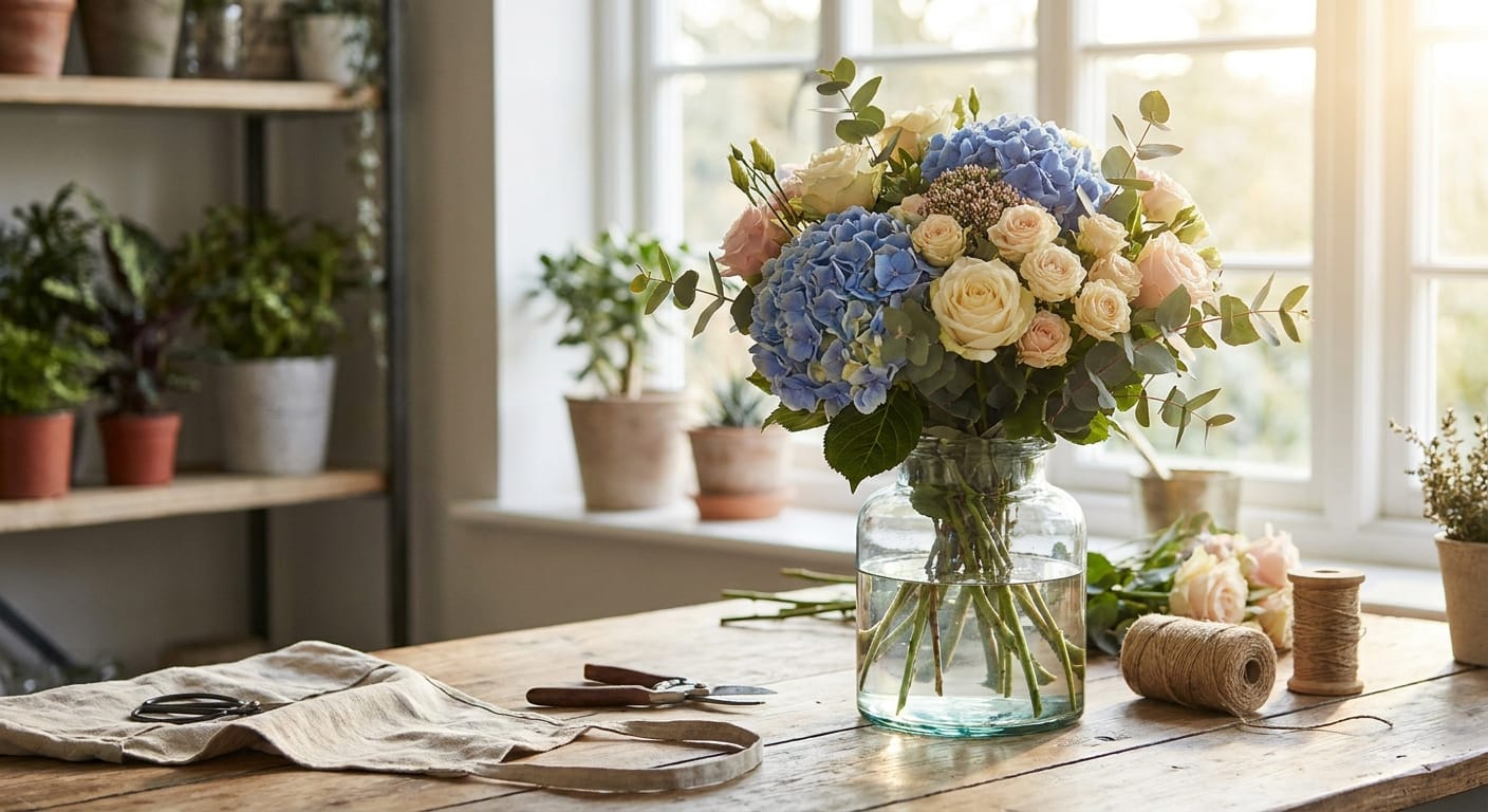 A vibrant, professional florist's workbench with a fresh, mixed bouquet of hydrangeas, roses, and eucalyptus in a clear glass vase, soft morning sunlight streaming through a window, high-end editorial photography style