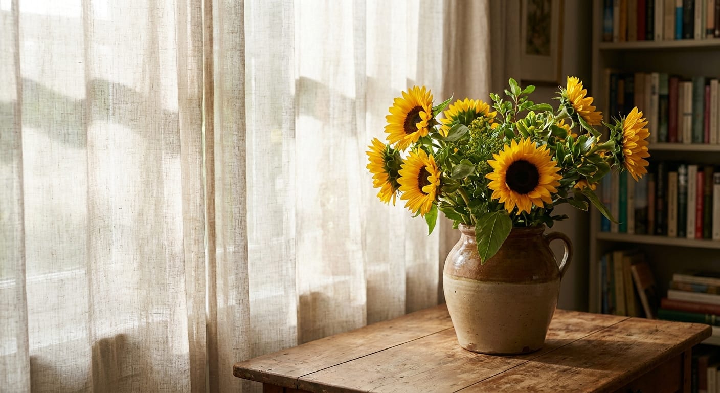 A bouquet of vibrant sunflowers in a vase placed in the shade of a curtain, soft light filtering through, calm and peaceful interior mood