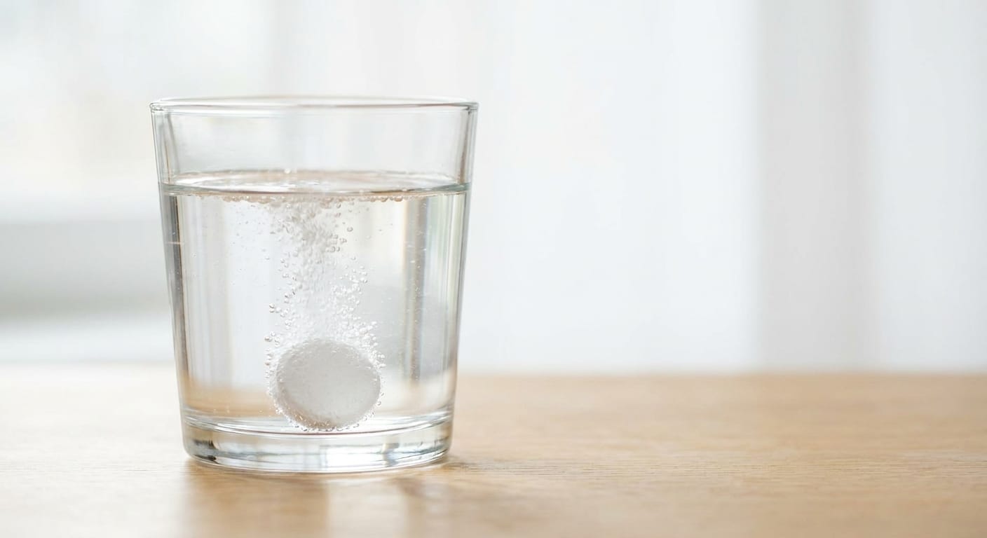 A single white aspirin tablet dissolving in a glass of water, macro photography, bubbles rising, clean minimalist aesthetic