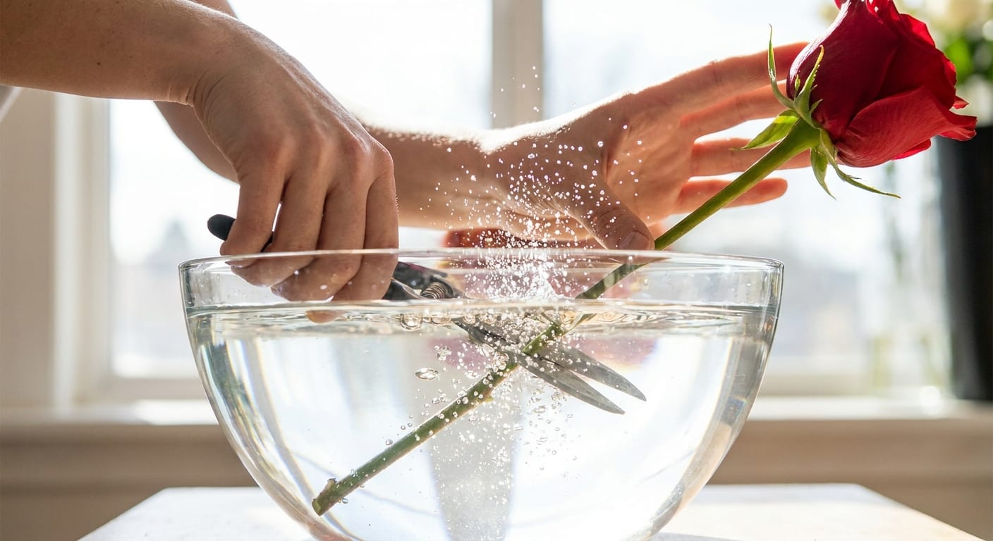 Hands submerging a rose stem in a bowl of water while cutting the end, underwater bubbles, high-speed photography, professional florist technique