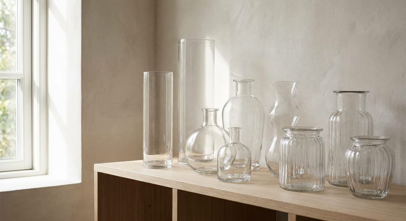 A collection of various clean glass vases on a shelf, varying heights and shapes, soft focus, interior design photography