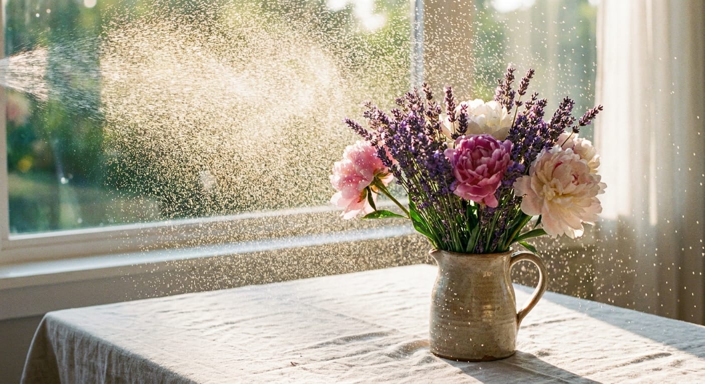 A gentle spray of water misting over a bouquet of lavender and peonies, droplets catching the light, romantic and ethereal mood