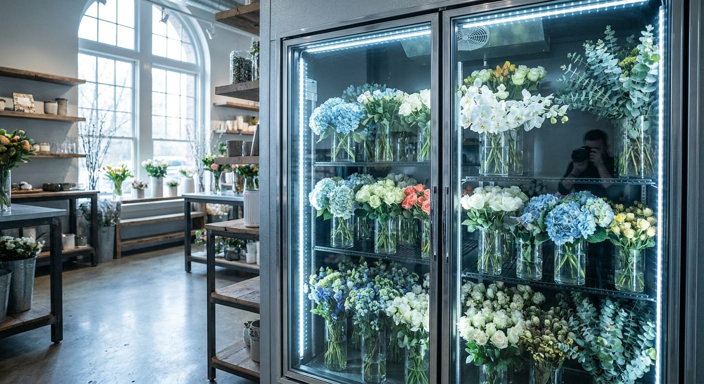 A professional refrigerator in a flower shop with rows of fresh arrangements, cool blue tones, organized and pristine environment