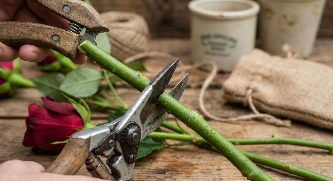 Close-up of a sharp pair of floral shears cutting a rose stem at a crisp 45-degree angle, water droplets on the stems, clean wooden table background, professional florist tools