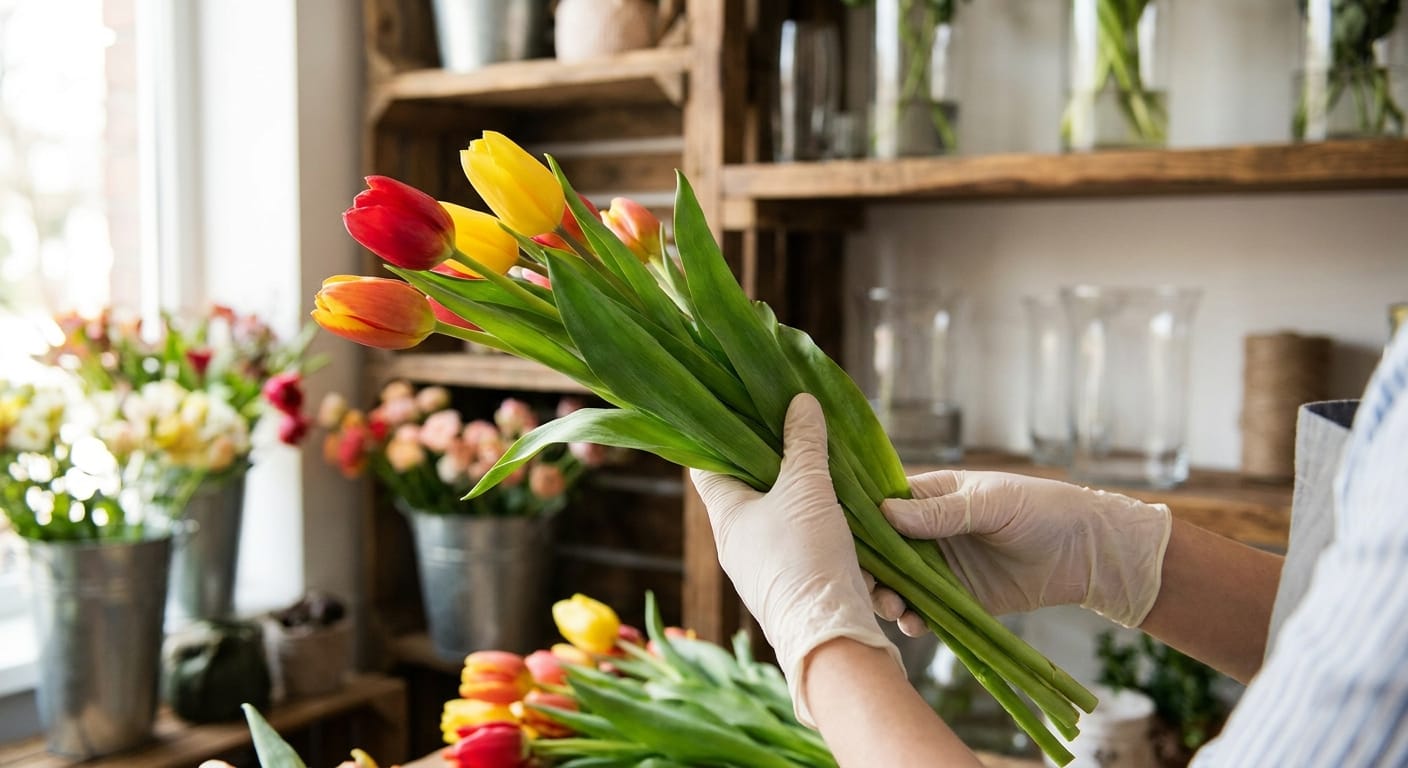 A florist's hands removing lower leaves from a bunch of tulips, focus on the clean stem, blurred floral shop background, bright natural lighting