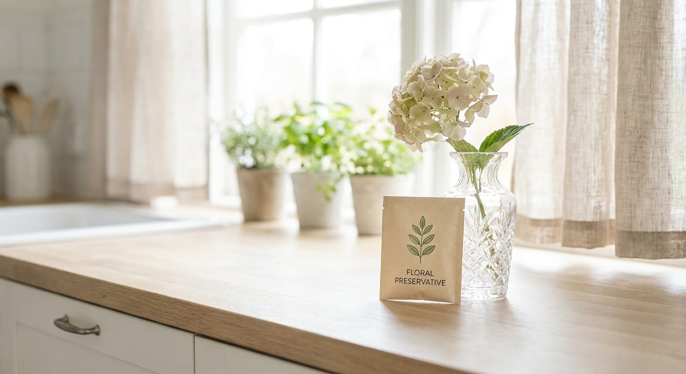A small paper packet of professional floral preservative next to a crystal vase, soft focus, bright and airy kitchen setting, high-quality product photography