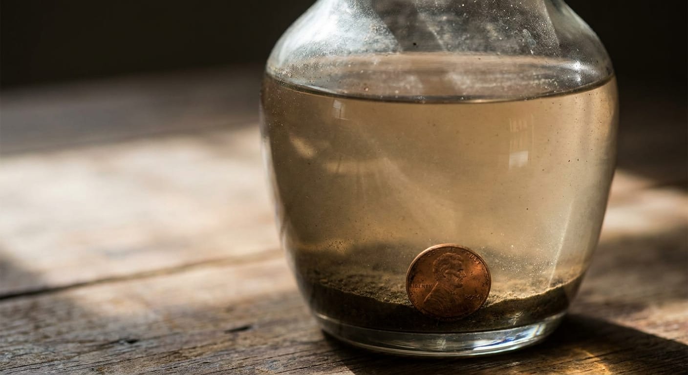 Conceptual shot of a copper penny sitting at the bottom of a murky vase, high contrast, dramatic lighting, symbolizing common misconceptions