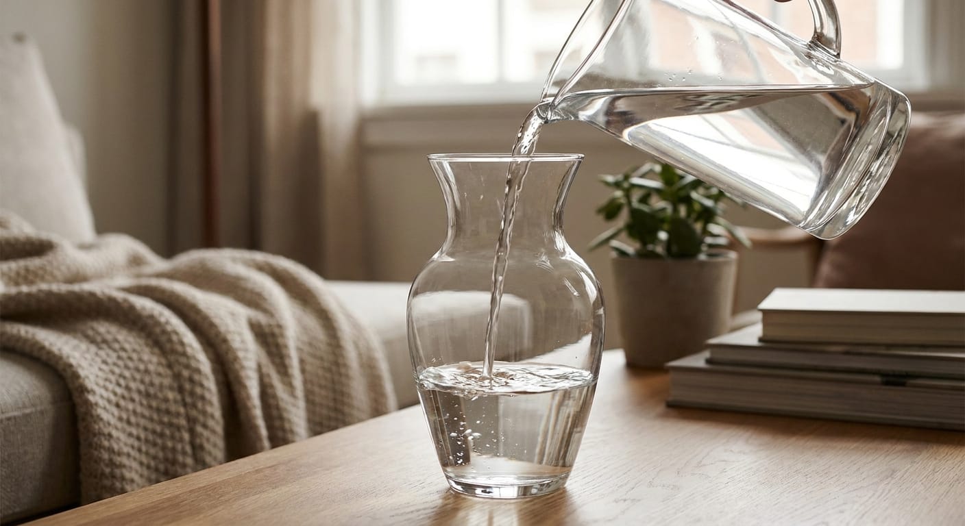 A pitcher pouring room-temperature, clear water into a glass vase, gentle ripples, soft indoor lighting, cozy home atmosphere