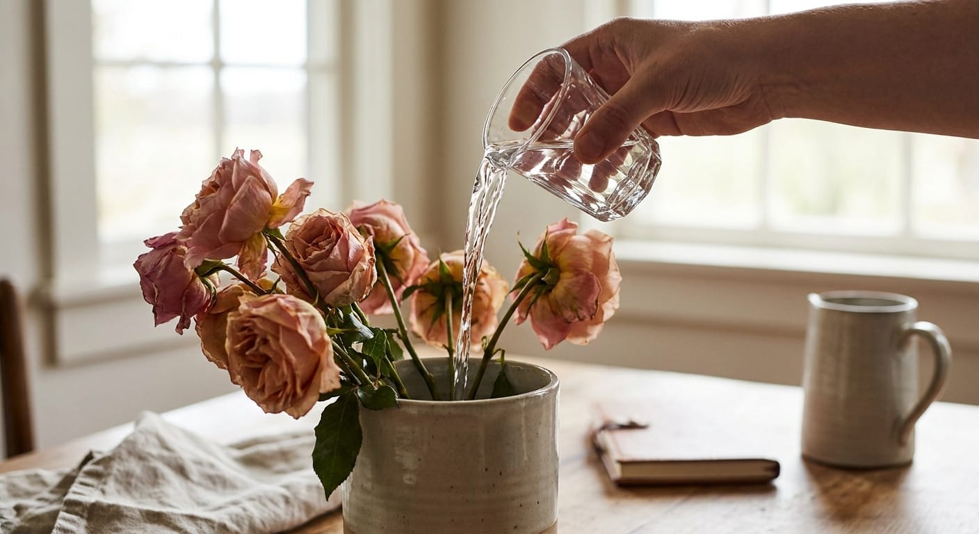 A small glass of clear vodka being poured into a vase of wilting roses, creative lighting, sharp focus on the liquid movement, lifestyle blog aesthetic